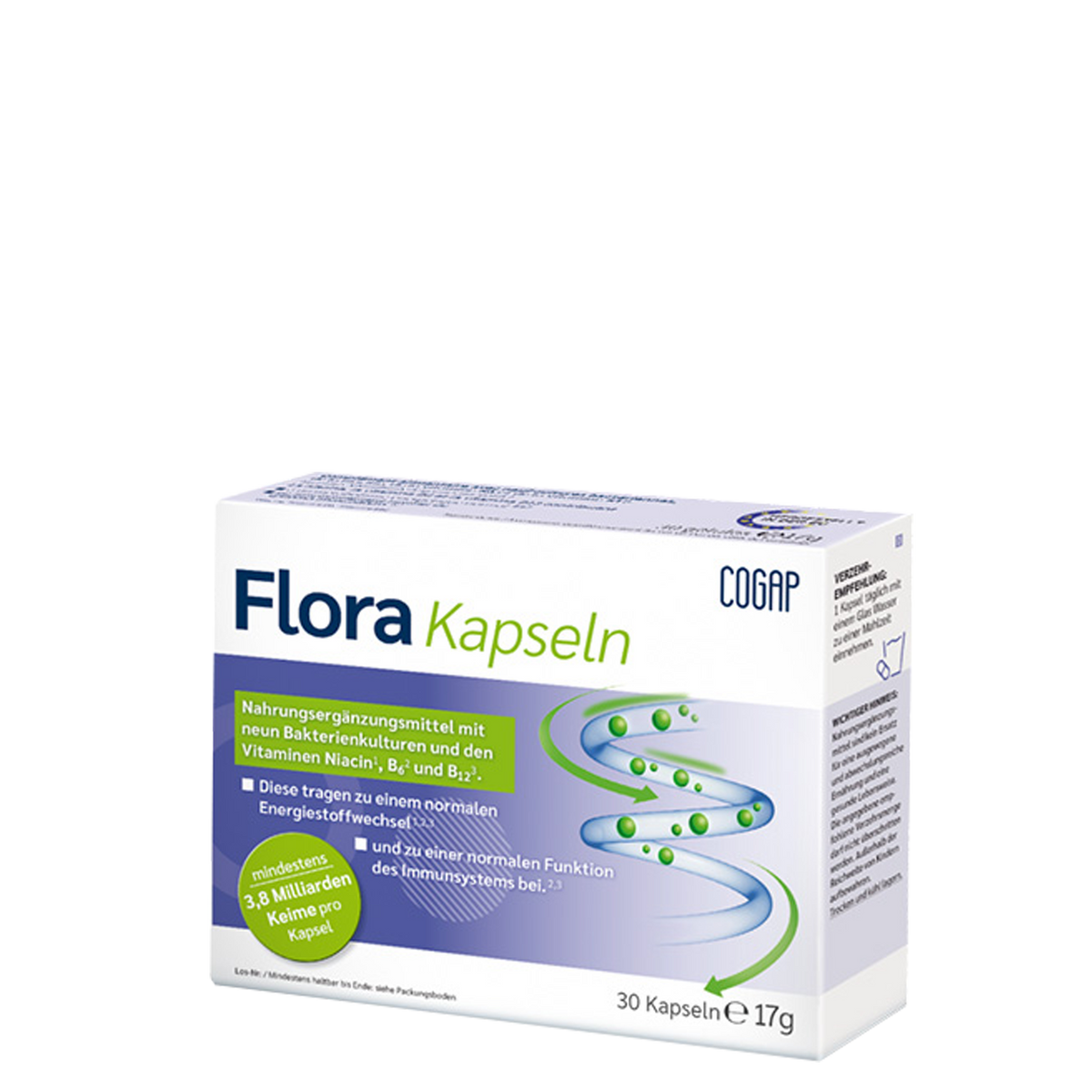 Darmflorakapseln von CoGAP Shop, Prä- und Probiotika in einer Faltschachtel, für eine gesunde Darmflora.