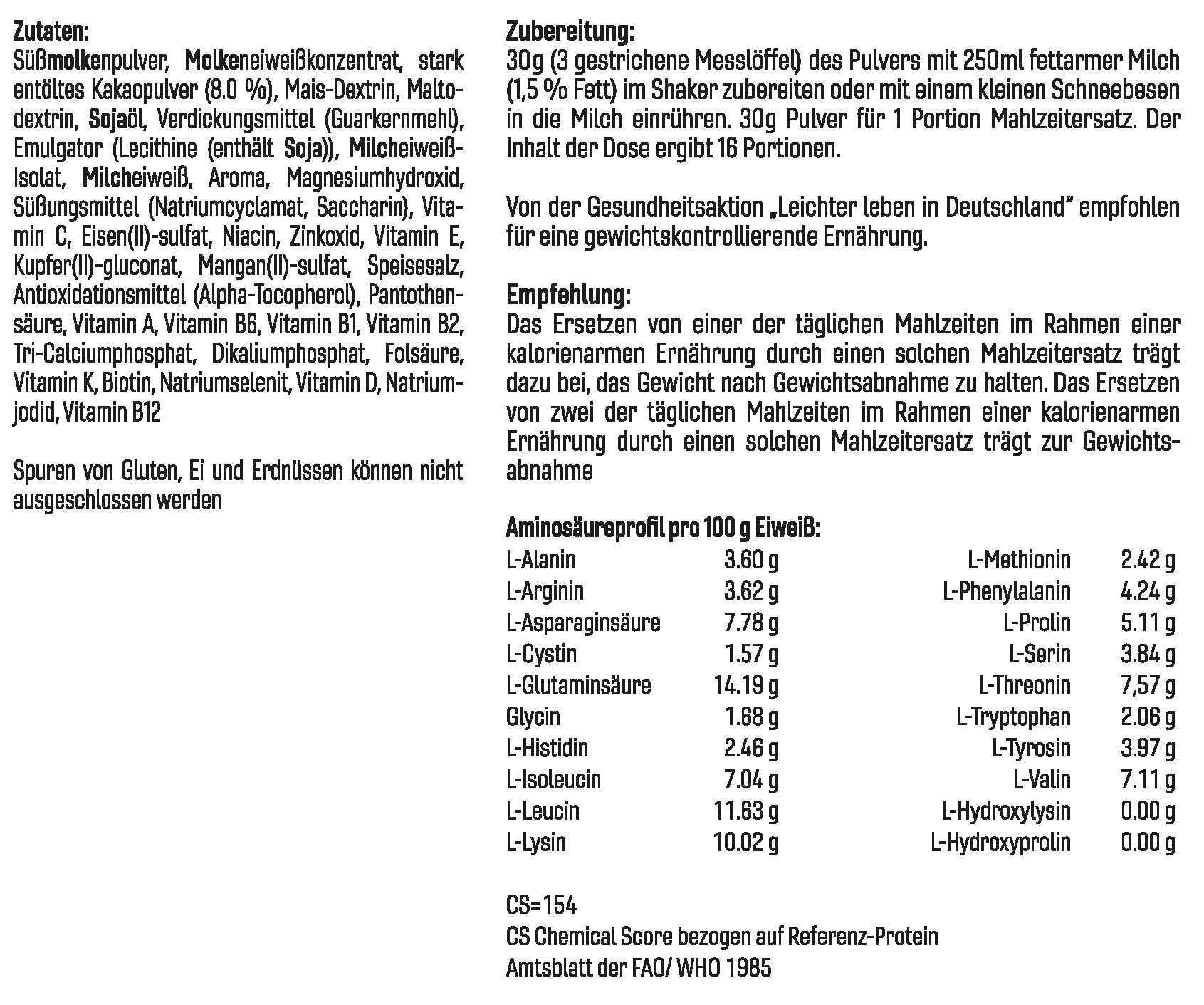 Schokoladen-Mahlzeitenersatz von CoGAP Turbo mit Zutaten, in einer Schüssel auf einem Tisch.