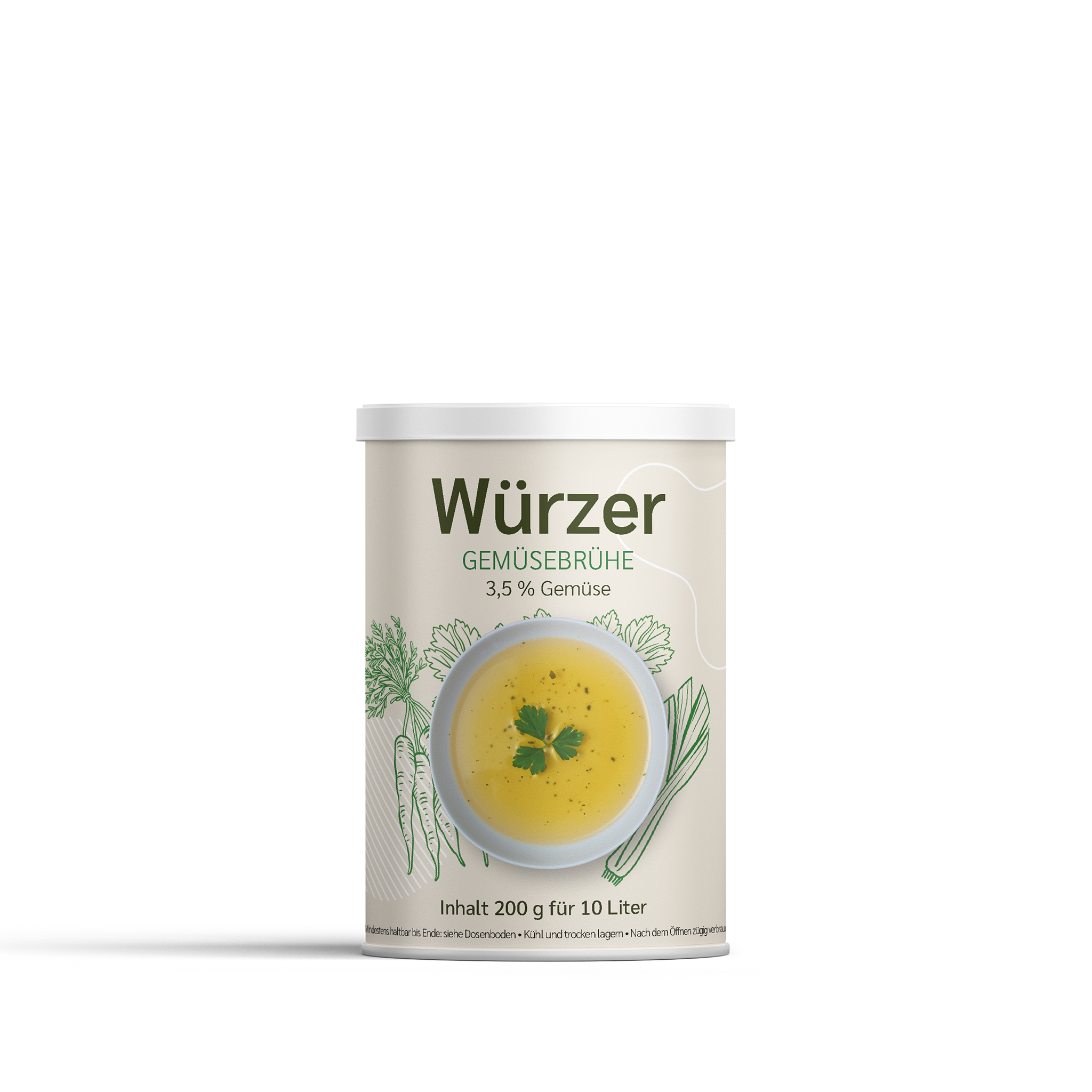 Würzer Gemüsebrühe von CoGAP GmbH in einem transparenten Behälter, zeigt getrocknete Gemüse und Kräuter für eine gesunde Suppe